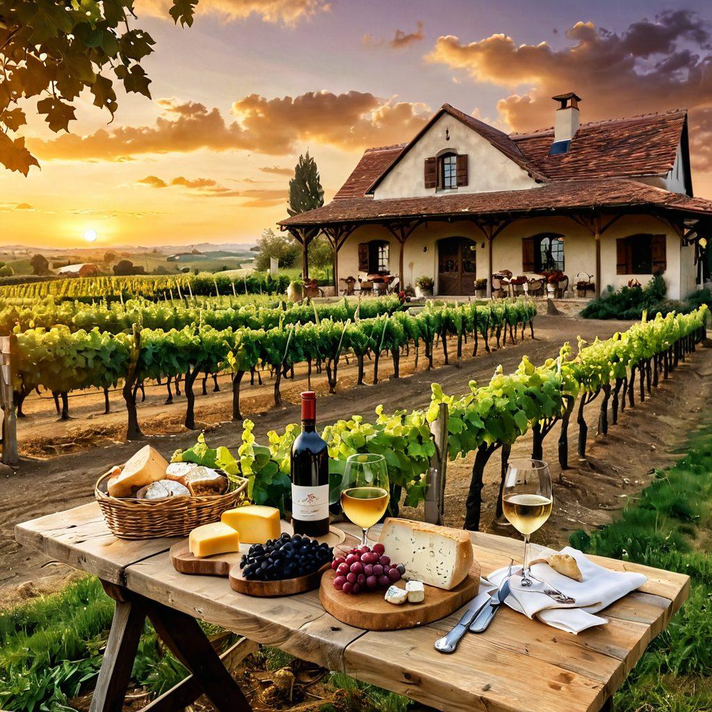 A picturesque vineyard at sunset, with rows of grapevines under a golden sky. In the foreground, a rustic wooden tasting table adorned with elegant wine glasses filled with rich red and white wines, accompanied by artisanal cheeses and fresh bread. A small rustic basket filled with grapes rests nearby. In the background, a charming winery building, hinting at the artistry of wine creation. super-realistic. vibrant colors. 3D.