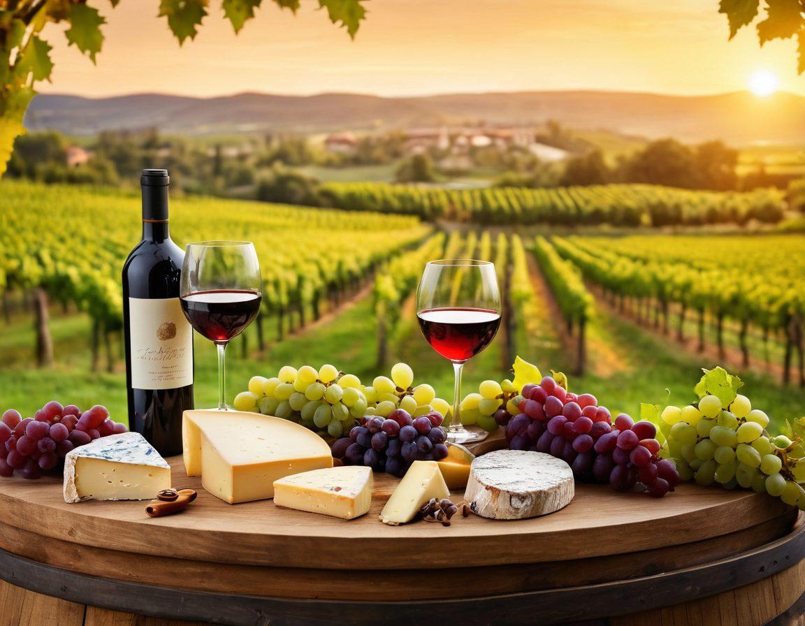 A beautifully arranged wine tasting table, featuring various elegant wine glasses filled with different shades of wine, surrounded by lush grapes, artisan cheese, and wooden barrels. The background shows a picturesque vineyard under a soft sunset, evoking a sense of tranquility and sophistication. The composition should highlight the richness of colors and textures, inviting the viewer to visually experience the art of wine. super-realistic. vibrant colors. soft focus.