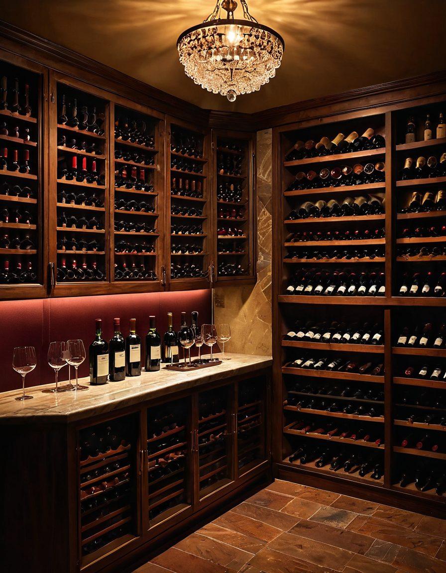 An elegantly arranged wine cellar featuring a diverse collection of luxurious wine bottles, bathed in soft, warm light. A stylish wooden tasting table adorned with wine glasses and a corkscrew sits in the foreground, surrounded by rich, textured walls lined with shelves of vintage wines. Grapes and a decanter hint at the sommelier's craft. An ambiance of sophistication and indulgence envelops the scene. super-realistic. warm tones. 3D.